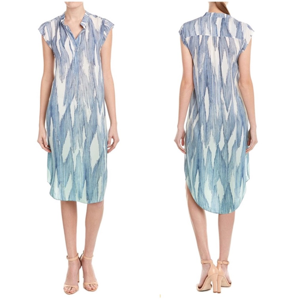 REBECCA TAYLOR Blue Silk Sheer Ombre Shift Midi Dress XS Contemporary Button